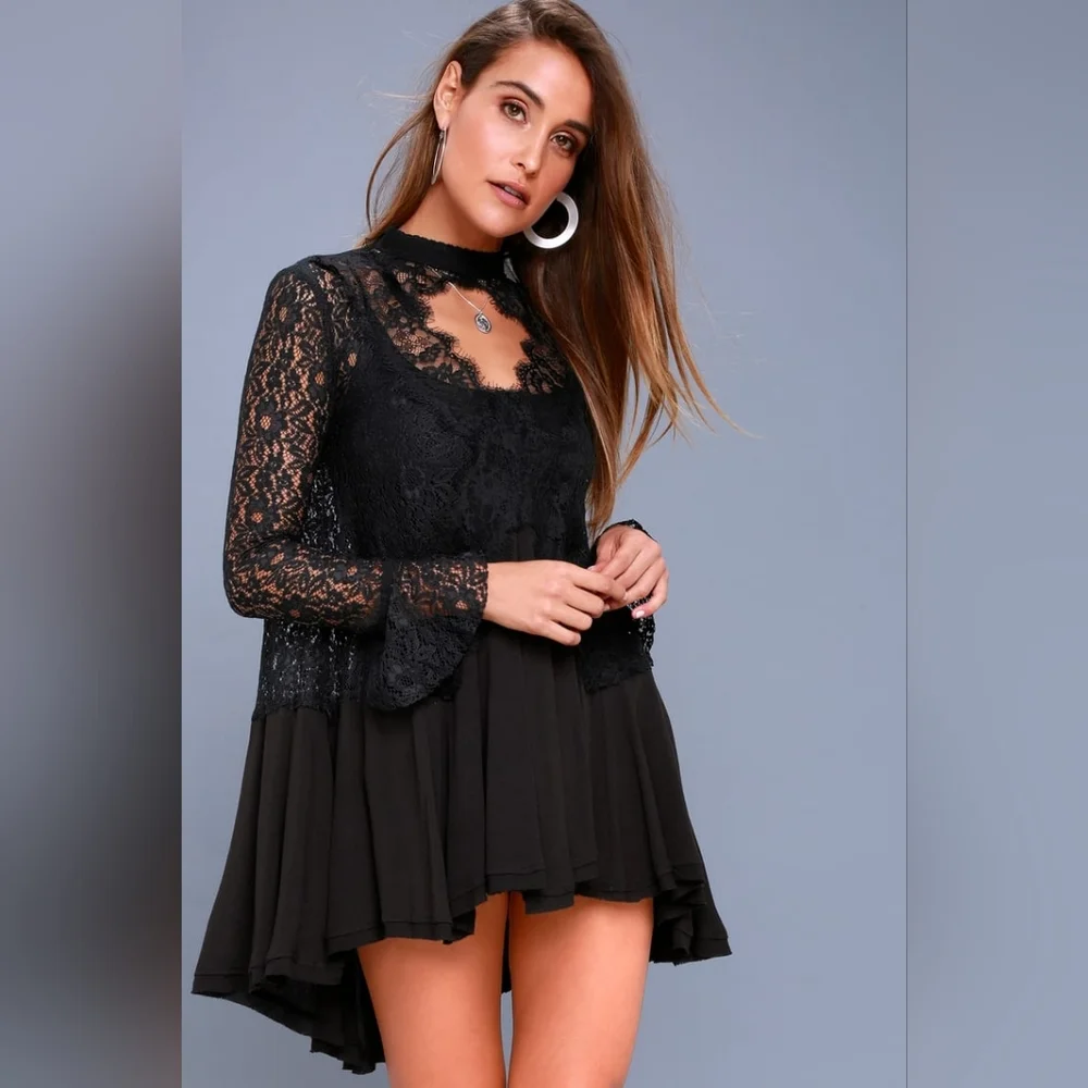 Free People Black Lace Mini Dress - Like New - Size M